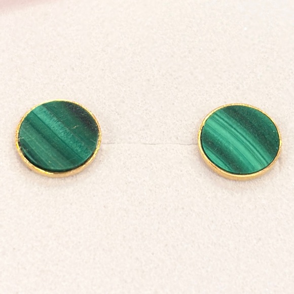 Vintage Malachite Gold Earrings: 18K solid yellow gold genuine inlay studs - Picture 4 of 7